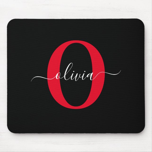 Personalized Monogram Script Name Black White Red Mouse Pad (Front)