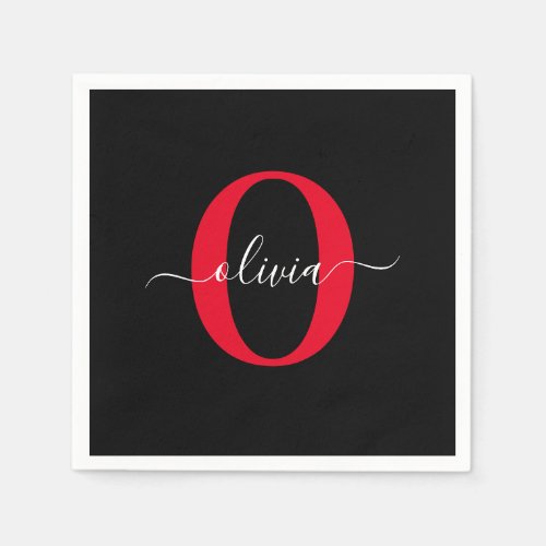 Personalized Monogram Script Name Black White Red Napkins