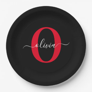 Personalized Monogram Script Name Black White Red Paper Plates