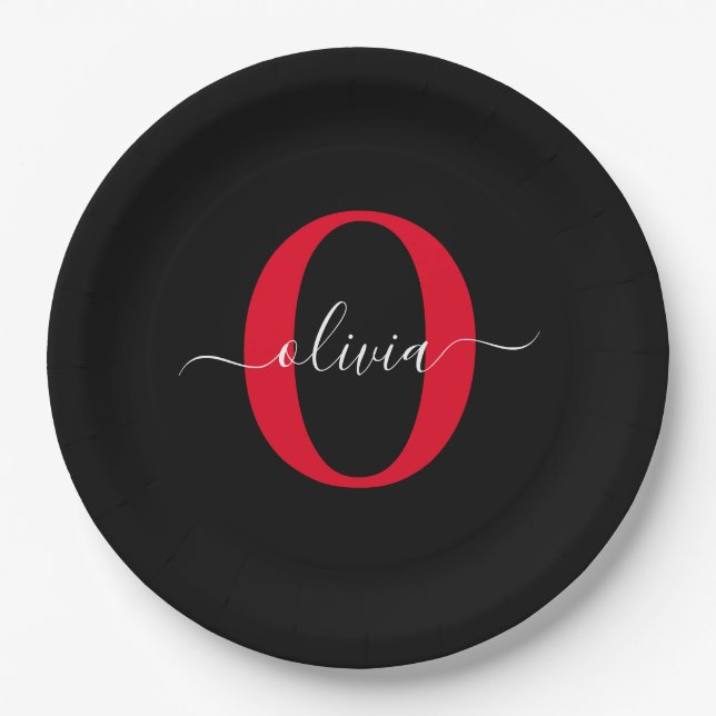 Personalized Monogram Script Name Black White Red Paper Plates (Front)