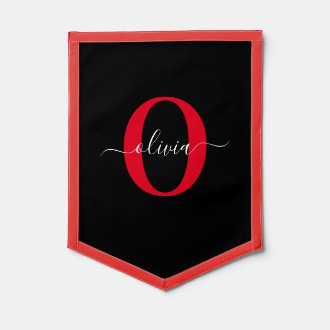 Personalized Monogram Script Name Black White Red Pennant (Front)