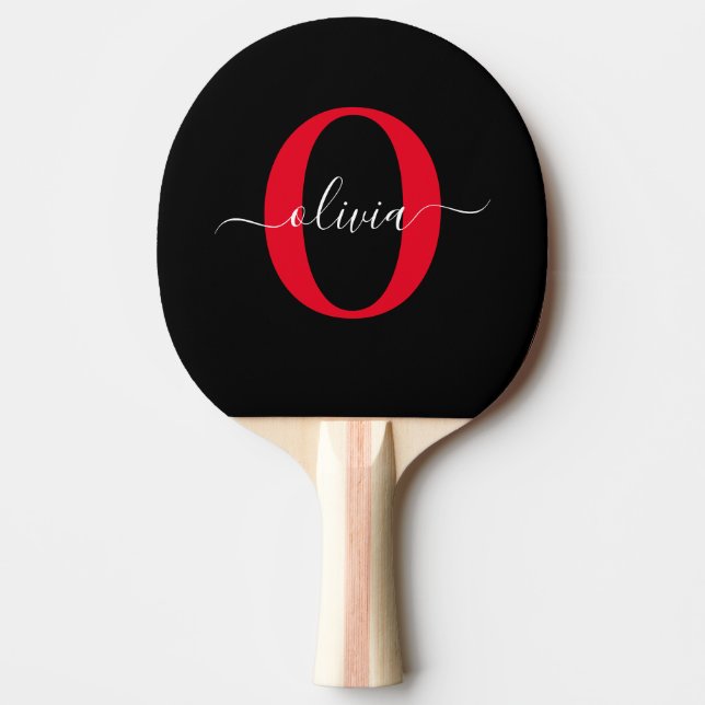 Personalized Monogram Script Name Black White Red Ping Pong Paddle (Front)