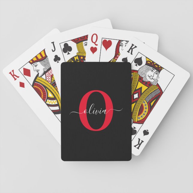 Personalized Monogram Script Name Black White Red Playing Cards (Back)