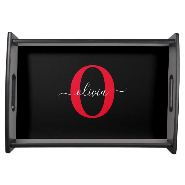 Personalized Monogram Script Name Black White Red Serving Tray (Front)