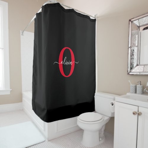 Personalized Monogram Script Name Black White Red Shower Curtain