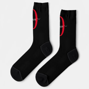 Personalized Monogram Script Name Black White Red Socks