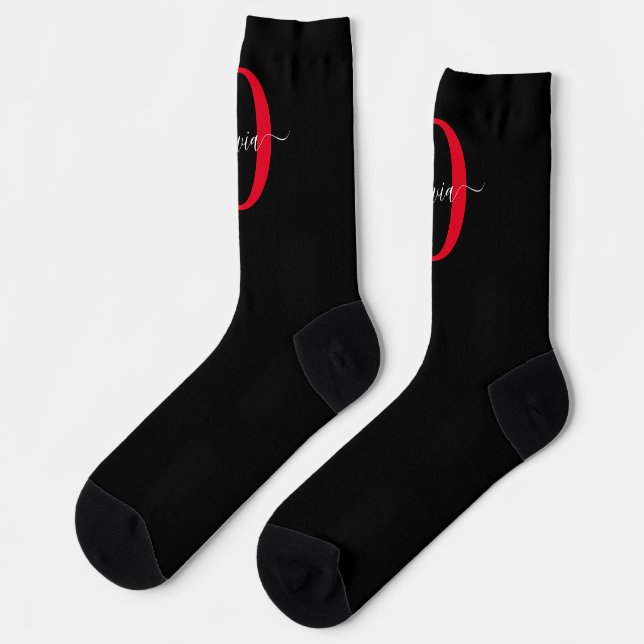 Personalized Monogram Script Name Black White Red Socks (Left)