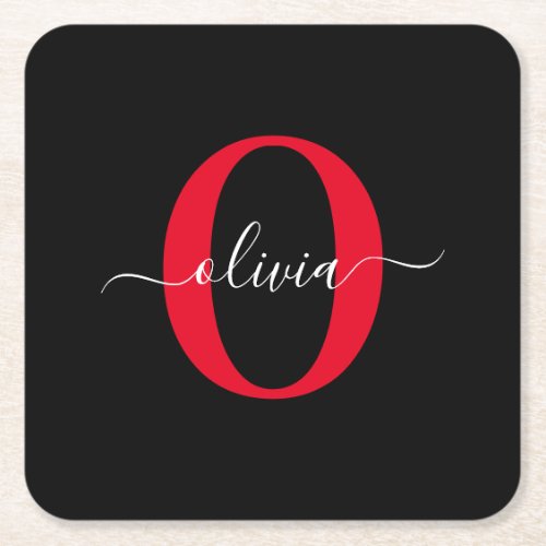 Personalized Monogram Script Name Black White Red Square Paper Coaster