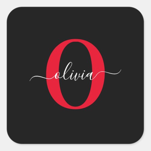 Personalized Monogram Script Name Black White Red Square Sticker