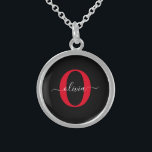 Personalized Monogram Script Name Black White Red Sterling Silver Necklace<br><div class="desc">This elegant monogram and stylish script name design can be given as a gift for a birthday, wedding, bridal shower, anniversary, Mother's Day or any occasion. It can be personalized with the person's initial and name. You can change the font, font color, font size and background color using the Design...</div>