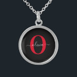 Personalized Monogram Script Name Black White Red Sterling Silver Necklace<br><div class="desc">This elegant monogram and stylish script name design can be given as a gift for a birthday, wedding, bridal shower, anniversary, Mother's Day or any occasion. It can be personalized with the person's initial and name. You can change the font, font color, font size and background color using the Design...</div>