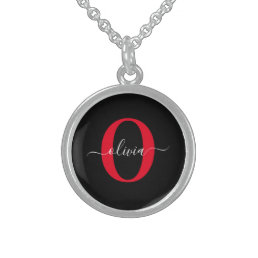 Personalized Monogram Script Name Black White Red Sterling Silver Necklace