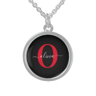 Personalized Monogram Script Name Black White Red Sterling Silver Necklace