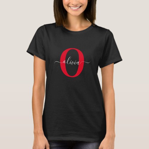 Personalized Monogram Script Name Black White Red T_Shirt