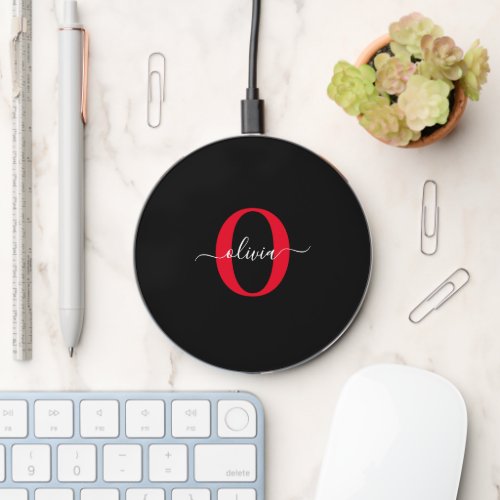 Personalized Monogram Script Name Black White Red Wireless Charger