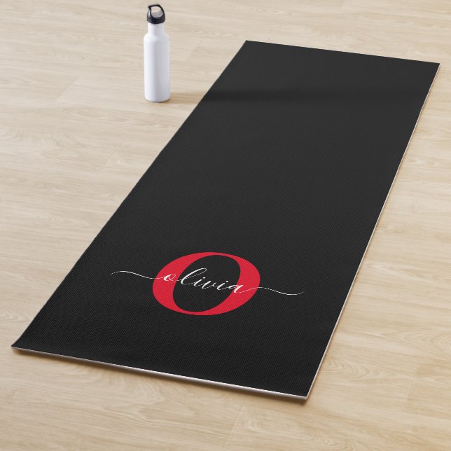 Personalized Monogram Script Name Black White Red Yoga Mat (In Situ)
