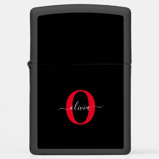 Personalized Monogram Script Name Black White Red Zippo Lighter (Front)