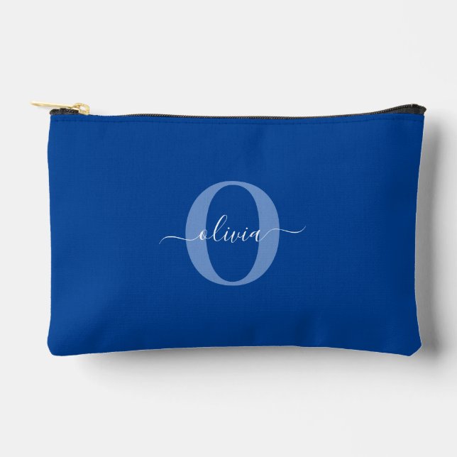 Personalized Monogram Script Name Blue White Accessory Pouch (Front)
