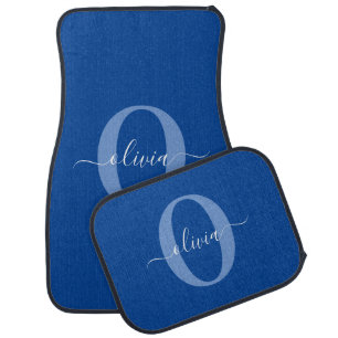 Personalized Monogram Script Name Blue White Car Floor Mat