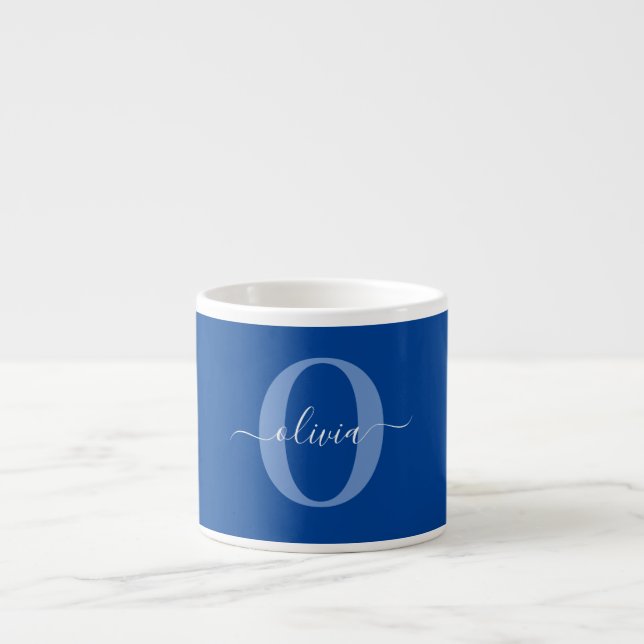 Personalized Monogram Script Name Blue White Espresso Cup (Front)