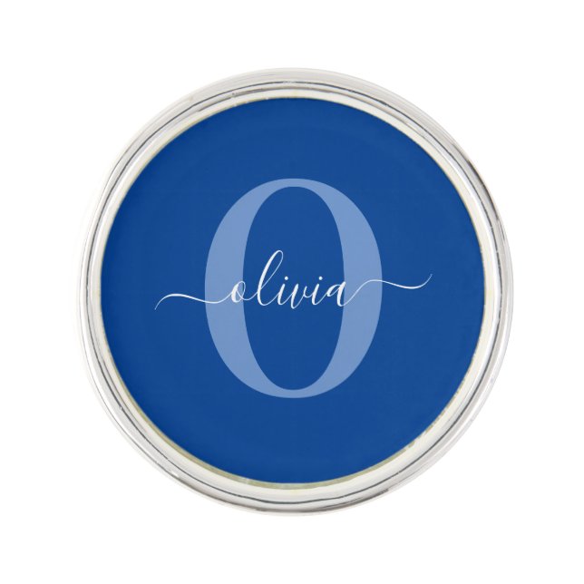 Personalized Monogram Script Name Blue White Lapel Pin (Front)