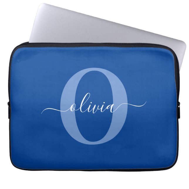 Personalized Monogram Script Name Blue White Laptop Sleeve (Front)