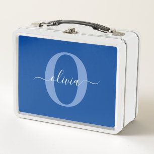 Personalized Monogram Script Name Blue White Metal Lunch Box