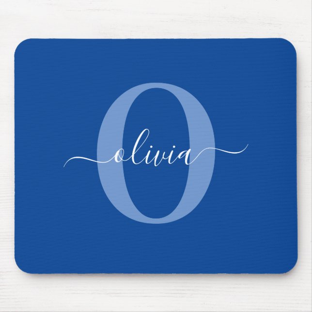 Personalized Monogram Script Name Blue White Mouse Pad (Front)