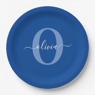 Personalized Monogram Script Name Blue White Paper Plates