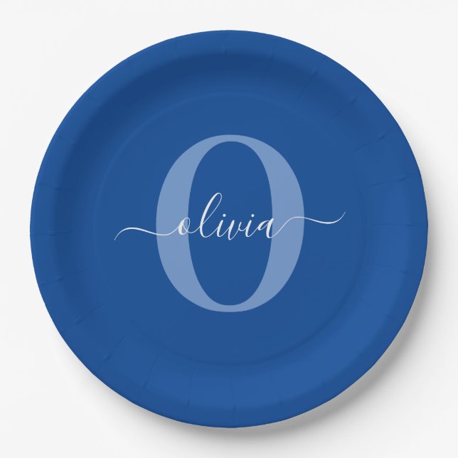 Personalized Monogram Script Name Blue White Paper Plates (Front)