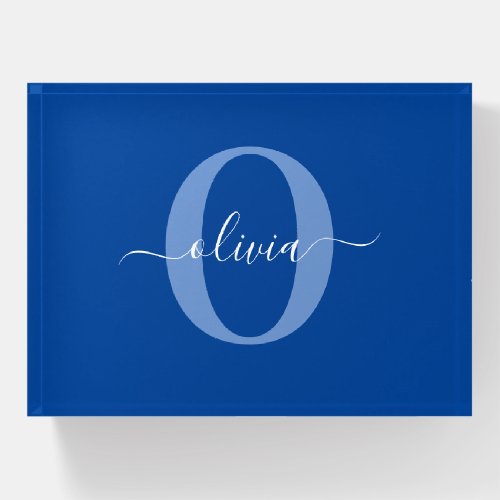 Personalized Monogram Script Name Blue White Paperweight