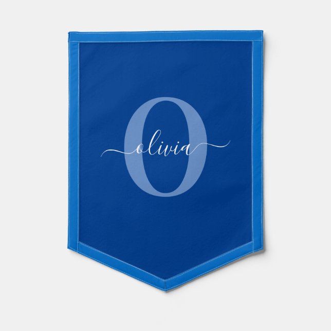Personalized Monogram Script Name Blue White Pennant (Front)