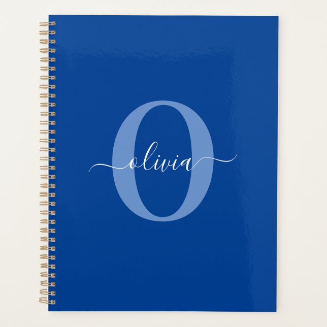 Personalized Monogram Script Name Blue White Planner (Front)