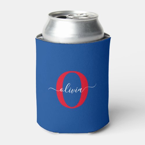 Personalized Monogram Script Name Blue White Red Can Cooler