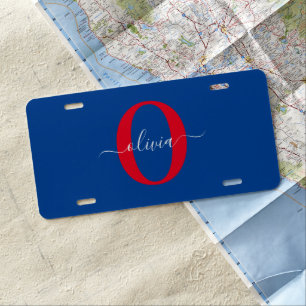 Personalized Monogram Script Name Blue White Red License Plate