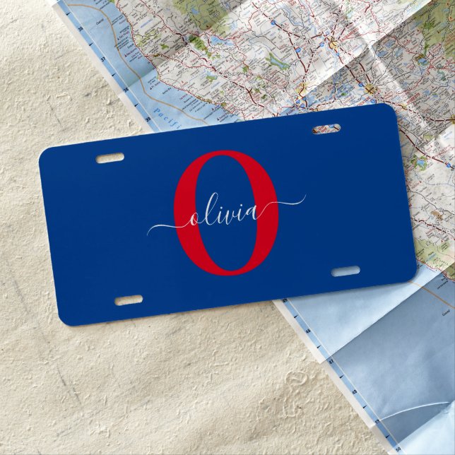 Personalized Monogram Script Name Blue White Red License Plate (In Situ)