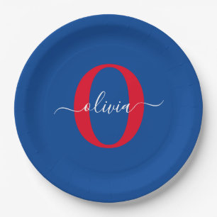 Personalized Monogram Script Name Blue White Red Paper Plates