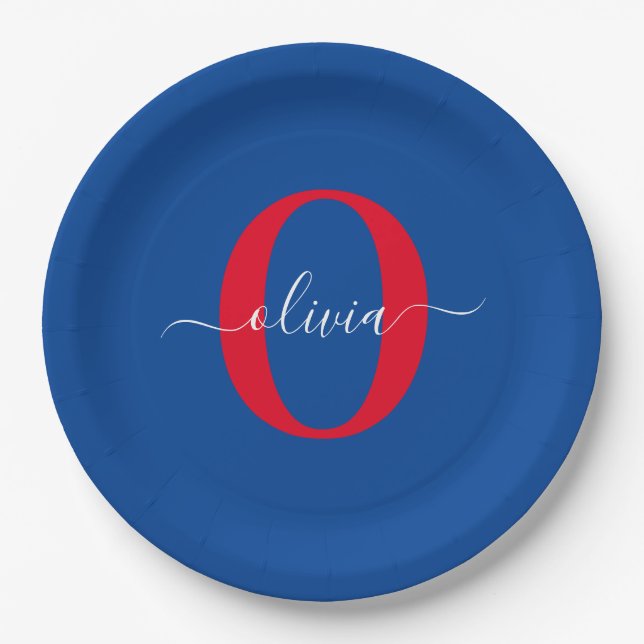 Personalized Monogram Script Name Blue White Red Paper Plates (Front)