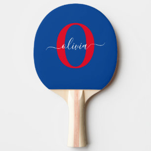 Personalized Monogram Script Name Blue White Red Ping Pong Paddle