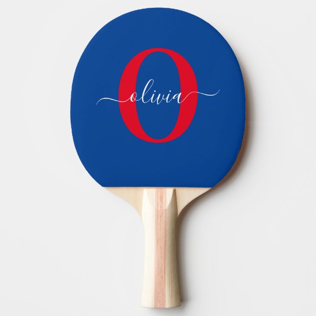 Personalized Monogram Script Name Blue White Red Ping Pong Paddle (Front)