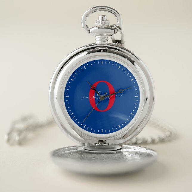 Personalized Monogram Script Name Blue White Red Pocket Watch (Inside)