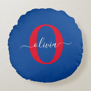 Personalized Monogram Script Name Blue White Red Round Pillow