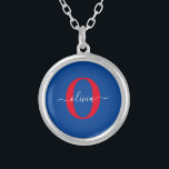 Personalized Monogram Script Name Blue White Red Silver Plated Necklace<br><div class="desc">This elegant monogram and stylish script name design can be given as a gift for a birthday, wedding, bridal shower, anniversary, Mother's Day or any occasion. It can be personalized with the person's initial and name. You can change the font, font color, font size and background color using the Design...</div>