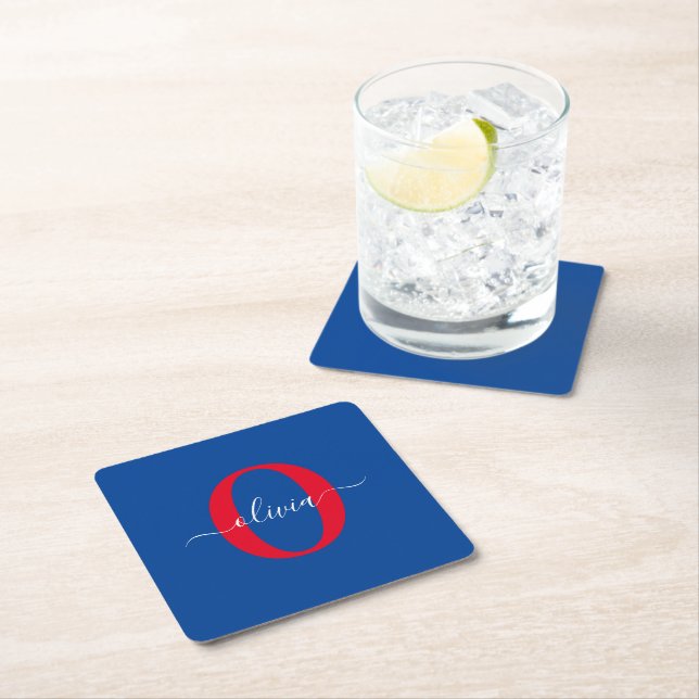 Personalized Monogram Script Name Blue White Red Square Paper Coaster (Insitu)