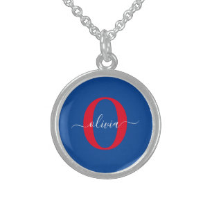 Personalized Monogram Script Name Blue White Red Sterling Silver Necklace