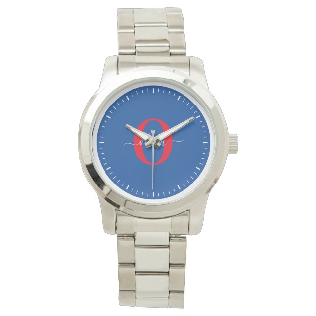 Personalized Monogram Script Name Blue White Red Watch (Front)