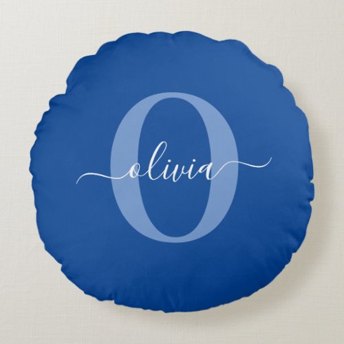 Personalized Monogram Script Name Blue White Round Pillow