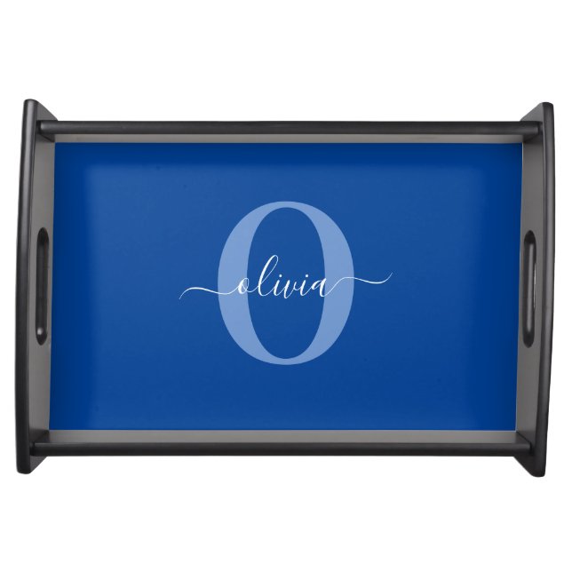 Personalized Monogram Script Name Blue White Serving Tray (Front)