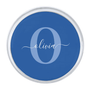 Personalized Monogram Script Name Blue White Silver Finish Lapel Pin