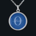 Personalized Monogram Script Name Blue White Sterling Silver Necklace<br><div class="desc">This elegant monogram and stylish script name design can be given as a gift for a birthday, wedding, bridal shower, anniversary, Mother's Day or any occasion. It can be personalized with the person's initial and name. You can change the font, font color, font size and background color using the Design...</div>